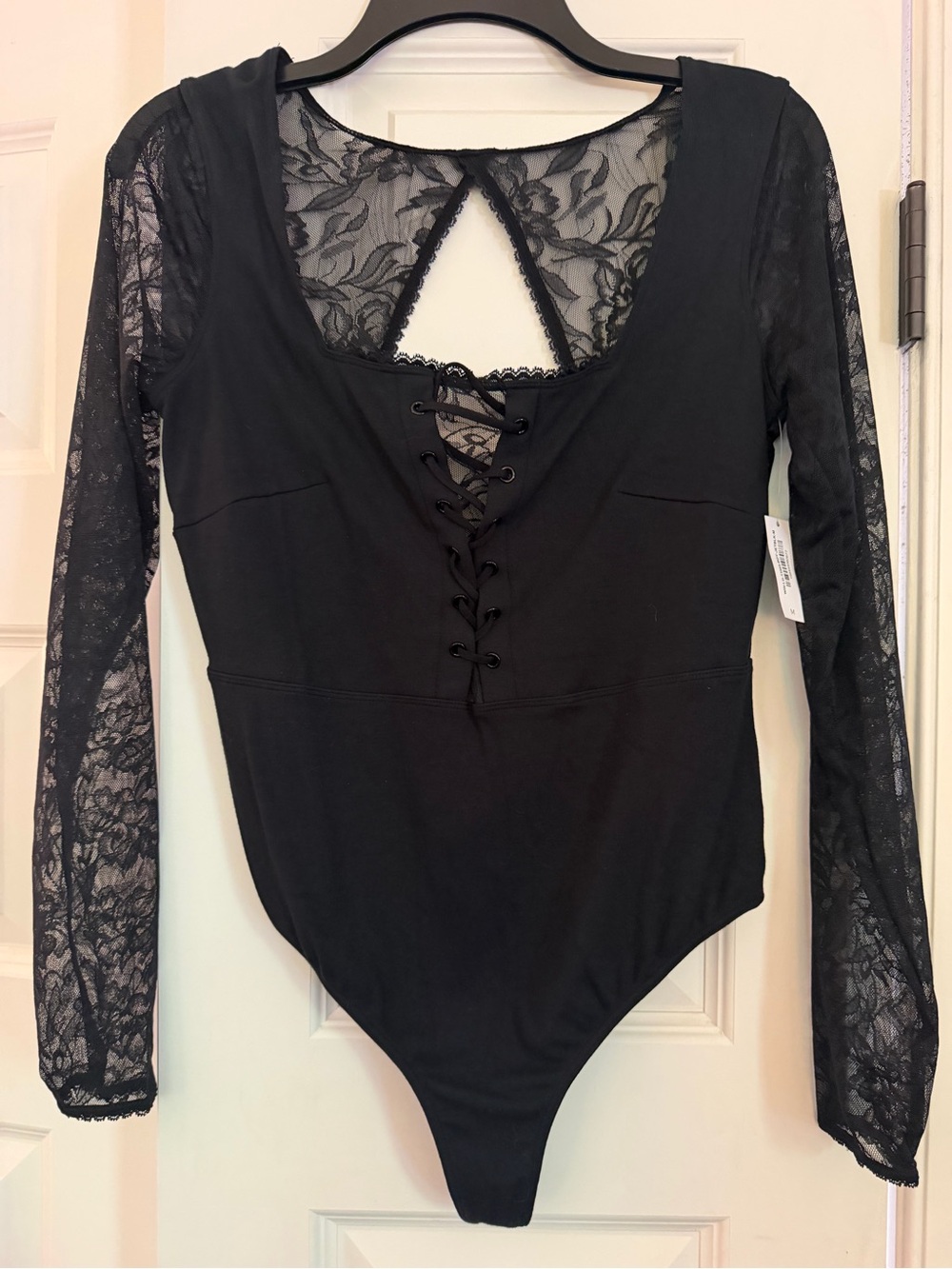 Adore Me Black Lace-Up Long-Sleeve Lace Bodysuit